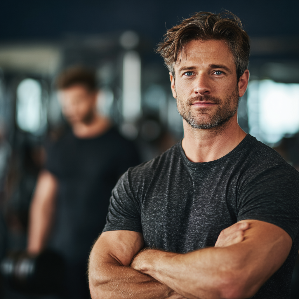 Confident man in gym setting focused on strength training